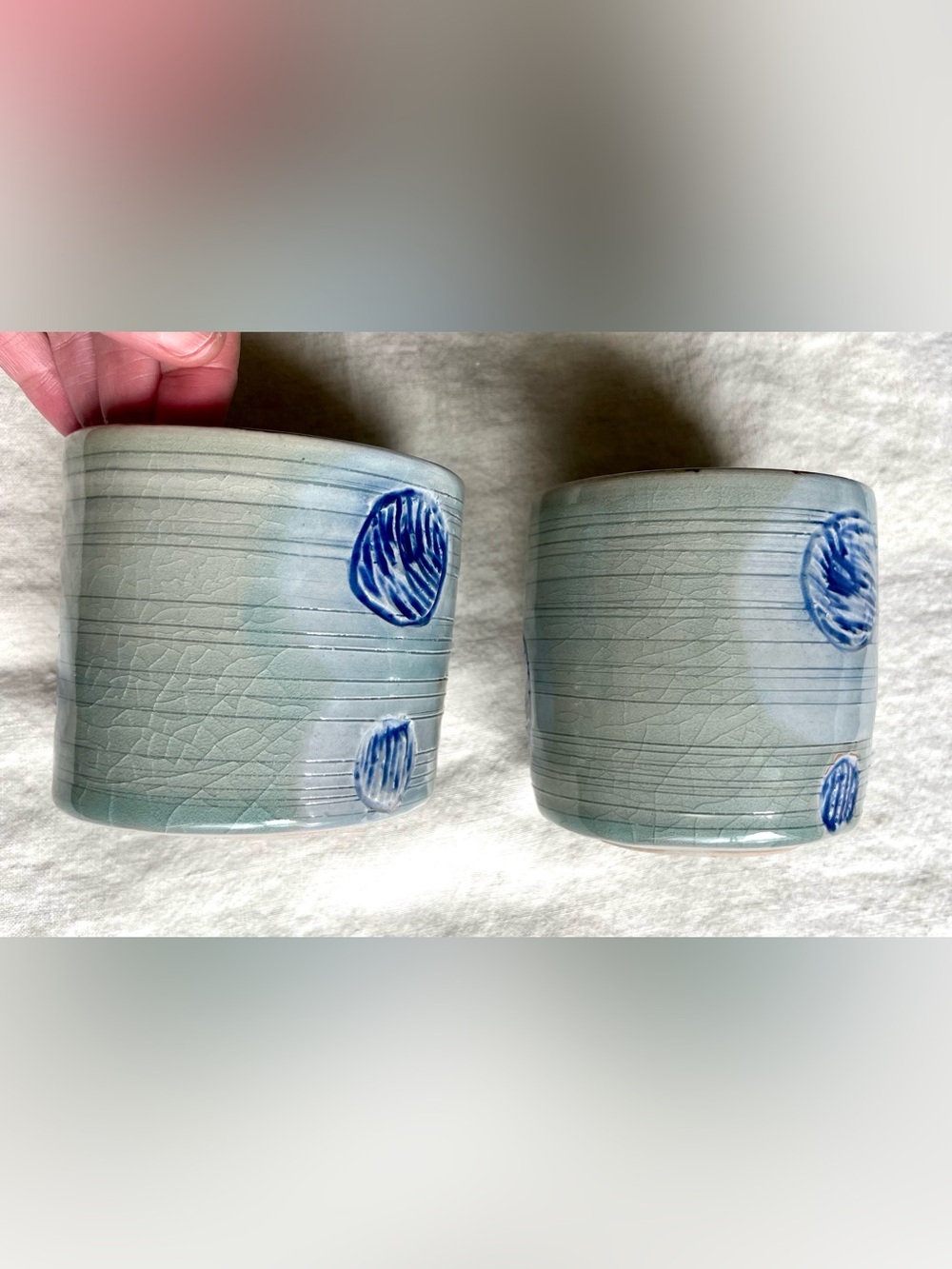 Studio Pottery Coffee Tea Cups Set 2 Blue Pinched No Handle Ceramic Mugs